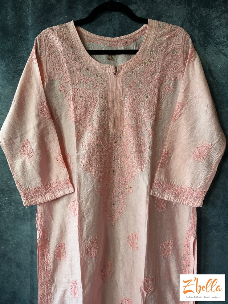 Lotus Pink Silk Chikankari Kurti With Mukesh Work - Size 40 Kurti