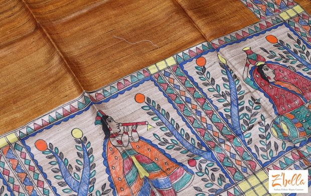 Madhubani Handpainted Mustard Yellow Tussar Silk Saree With Stitched Blouse Saree