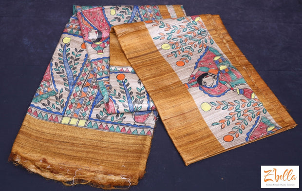 Madhubani Handpainted Mustard Yellow Tussar Silk Saree With Stitched Blouse Saree
