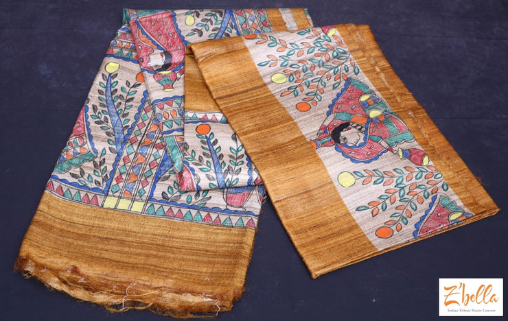 Madhubani Handpainted Mustard Yellow Tussar Silk Saree With Stitched Blouse Saree