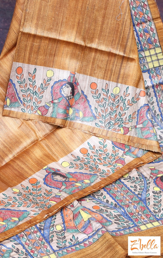 Madhubani Handpainted Mustard Yellow Tussar Silk Saree With Stitched Blouse Saree