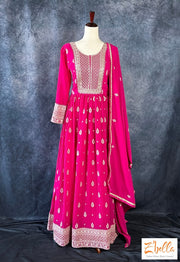 Magenta Embroidered Gown With Dupatta Gown