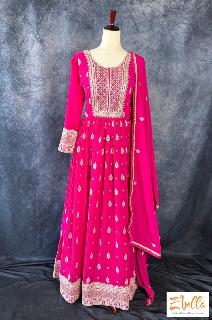 Magenta Embroidered Gown With Dupatta Gown