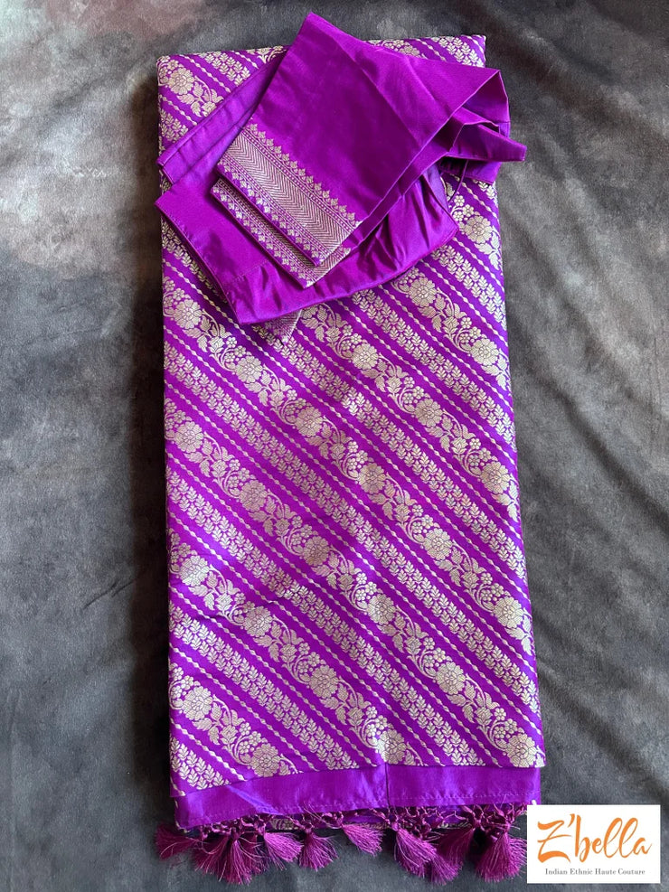 Magenta Handwoven Pure Katan Silk Saree With Stitched Blouse Saree