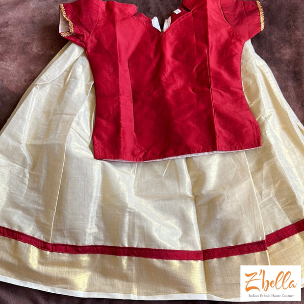 Maroon Blouse And Cotton Tissue Skirt Girl Kids Set