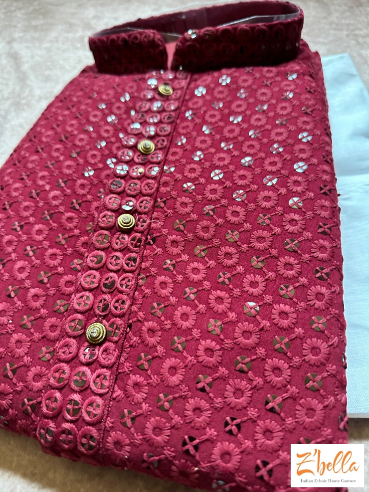 Maroon Chikankari Sequins Kurta With Bottom Kurta Set