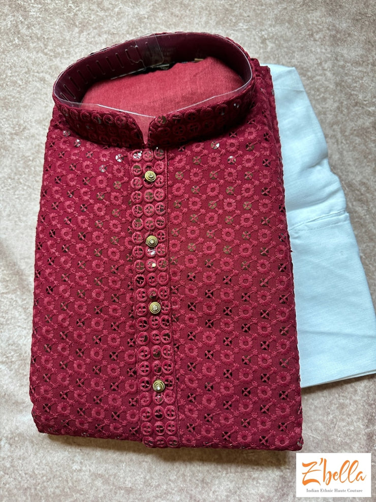Maroon Chikankari Sequins Kurta With Bottom Kurta Set
