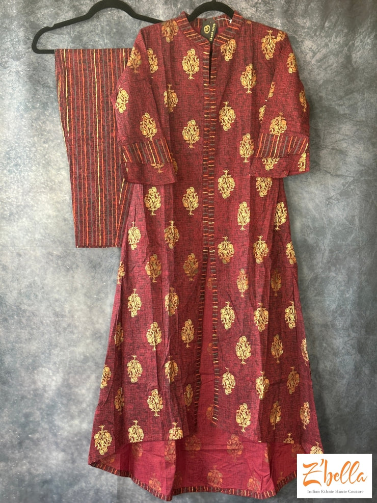 Maroon Color High Low Pattern Kurti With Bottom Kurti