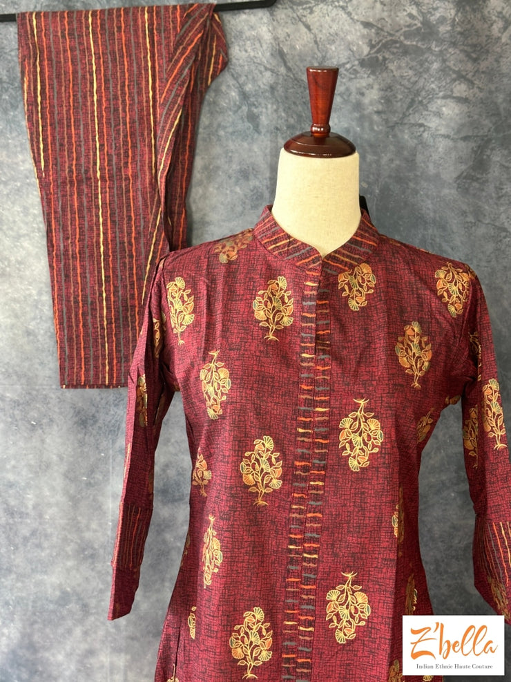 Maroon Color High Low Pattern Kurti With Bottom Kurti