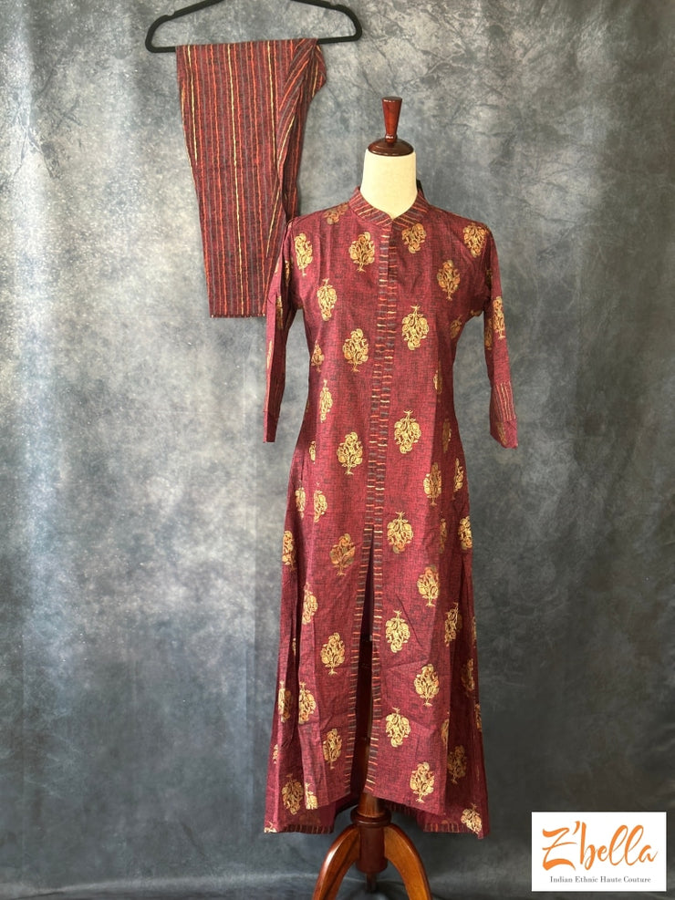 Maroon Color High Low Pattern Kurti With Bottom Kurti