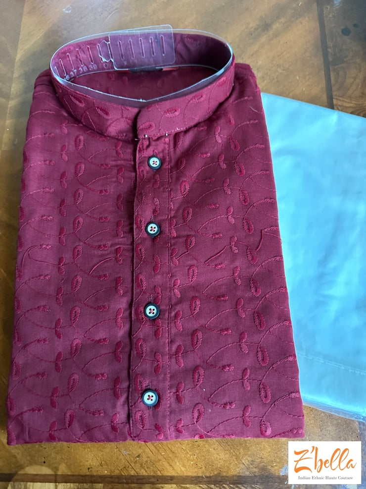 Maroon Cotton Chikankari Kurta With White Pants Kurta Set