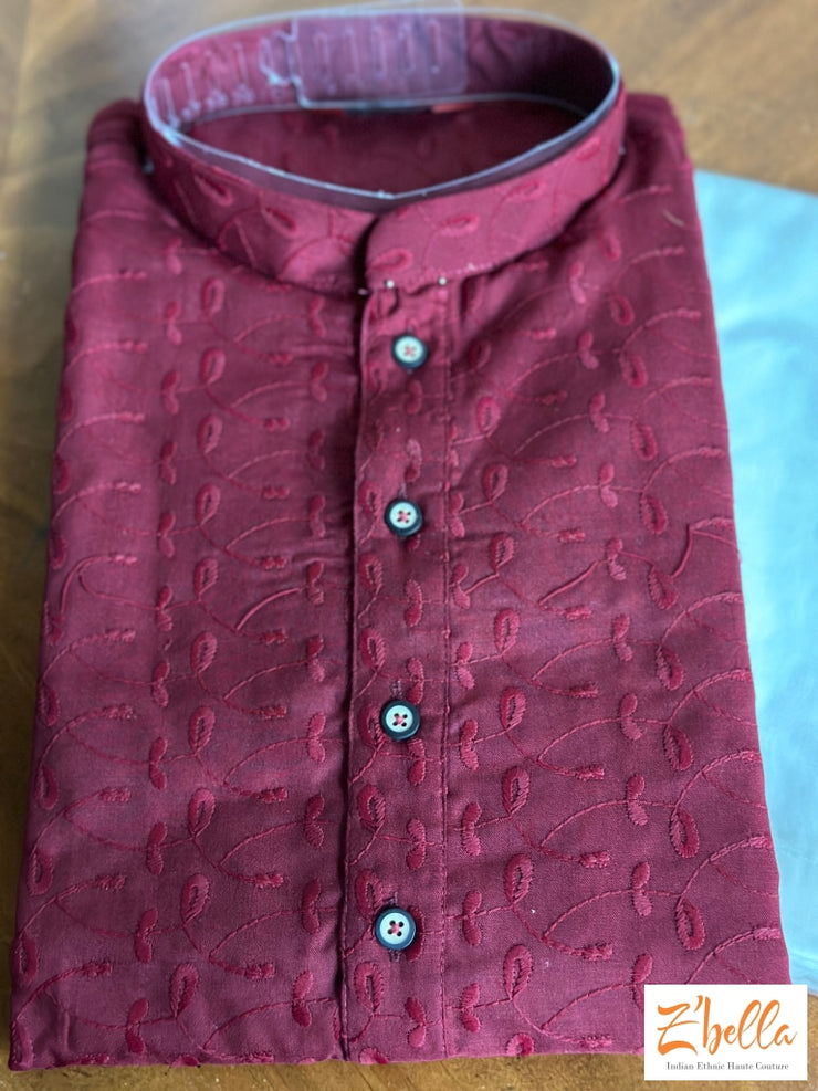 Maroon Cotton Chikankari Kurta With White Pants Kurta Set