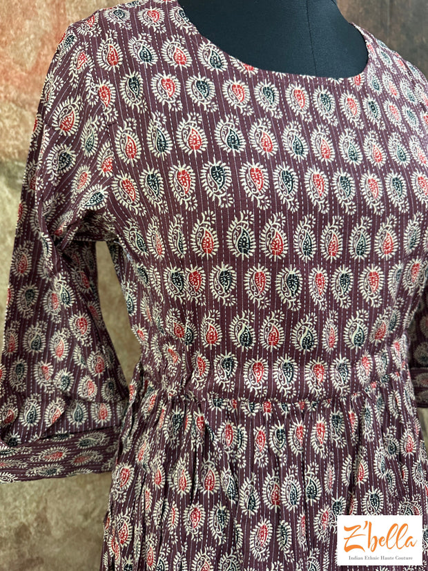 Maroon Cotton Printed Dress Kurti Set