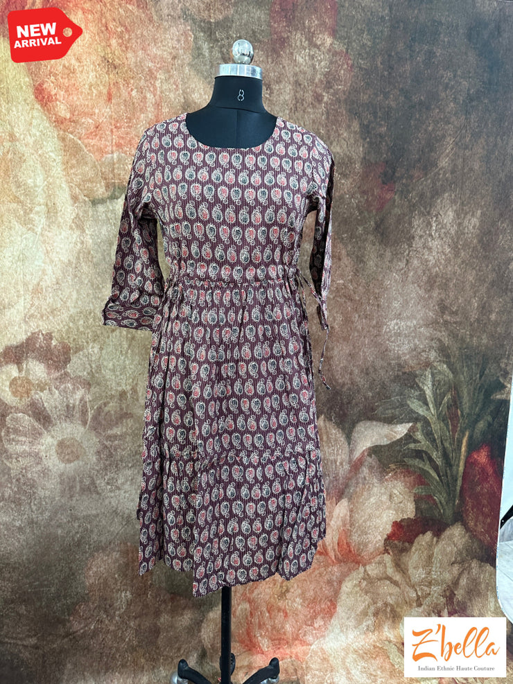 Maroon Cotton Printed Dress Kurti Set