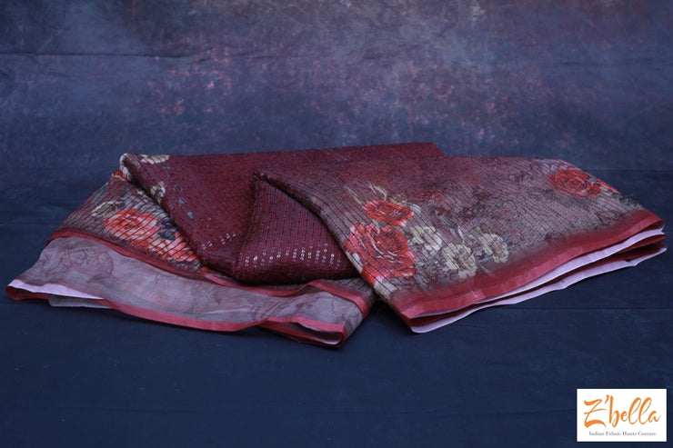 Maroon Floral Print Sequins Saee No Bp Saree