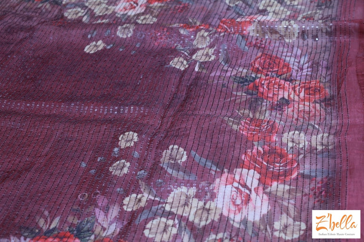 Maroon Floral Print Sequins Saee No Bp Saree