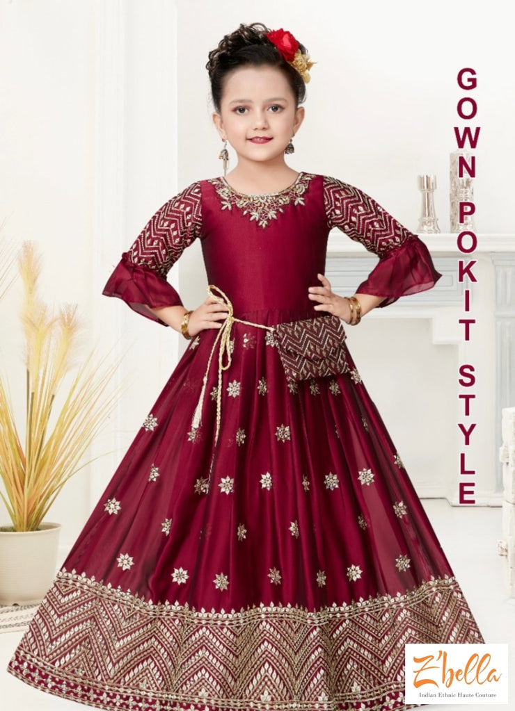 Maroon Full Length Gown - 10 11 Yr Girl Kids Set