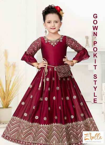 Maroon Full Length Gown - 12 13 Yr Girl Kids Set