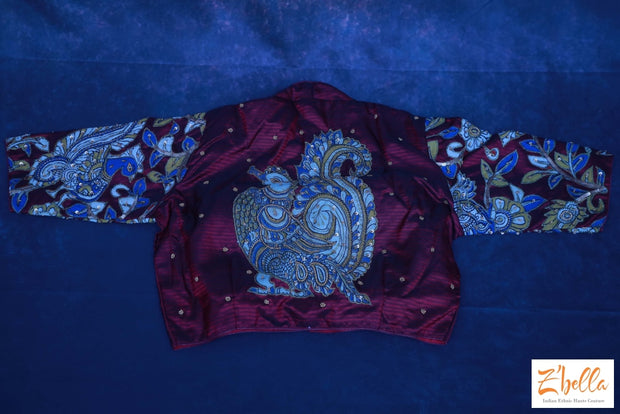 Maroon Pure Silk Blouse With Kalamkari Patch Work And Bead Blouse
