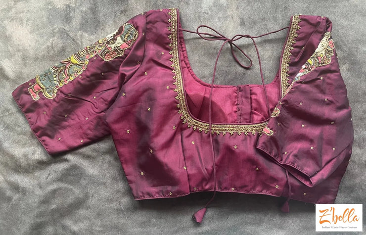 Maroon Silk Blouse With Kalamkari Applique And Hand Work Blouse