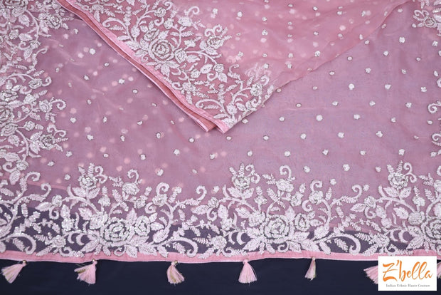 Maue Pink Organza Saree With Thread And Sequins Work Stitched Blouse Saree