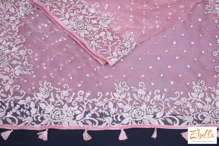 Maue Pink Organza Saree With Thread And Sequins Work Stitched Blouse Saree