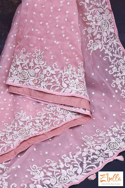 Maue Pink Organza Saree With Thread And Sequins Work Stitched Blouse Saree