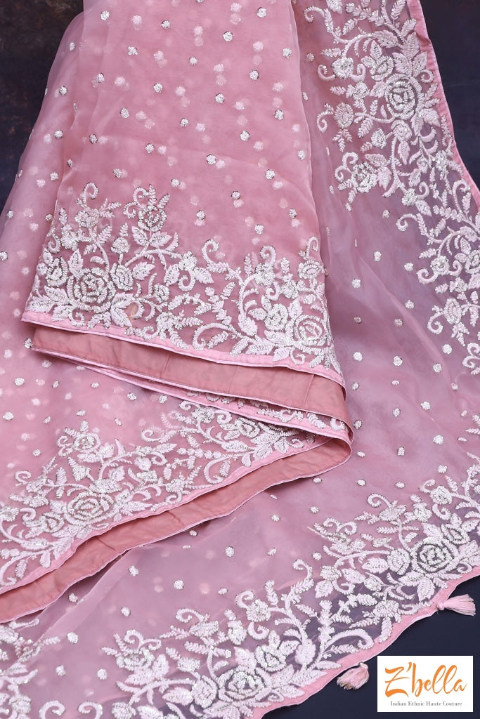 Maue Pink Organza Saree With Thread And Sequins Work Stitched Blouse Saree