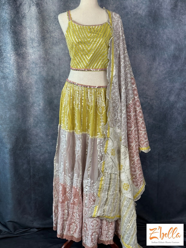Mauve Pink Gotta Patti Skirt With Yellow Sleeveless Blouse Dupatta Lehanga