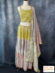Mauve Pink Gotta Patti Skirt With Yellow Sleeveless Blouse Dupatta Lehanga