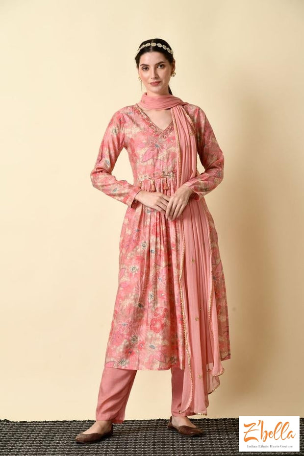 Mauve Pink Kurti With Bottom And Dupatta Kurti Set