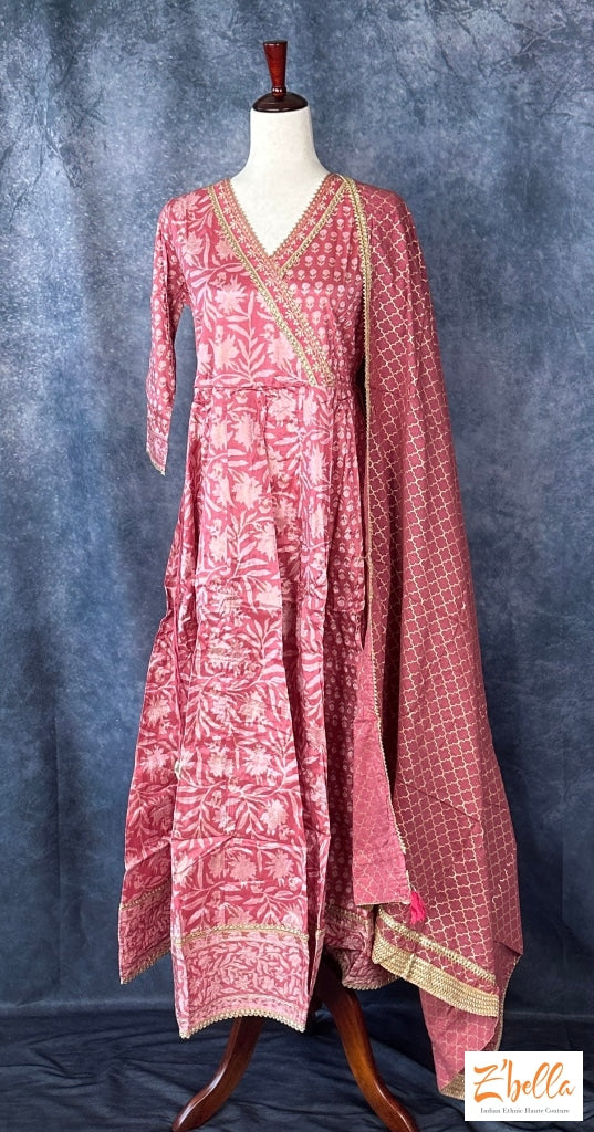 Mauve Pink Printed Full Length Kurti With Dupatta Kurti Set