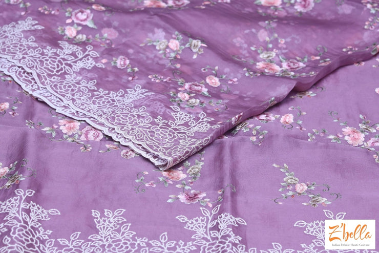 Mauve Purple Floral Embroidered Organza Silk Saree With Stitched Blouse Saree
