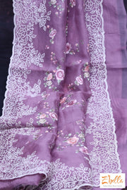 Mauve Purple Floral Embroidered Organza Silk Saree With Stitched Blouse Saree