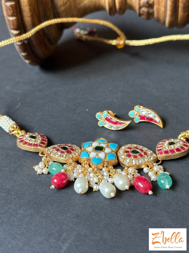 Multi Color Kemp And Pachi Kundan Necklace With Earring Necklace