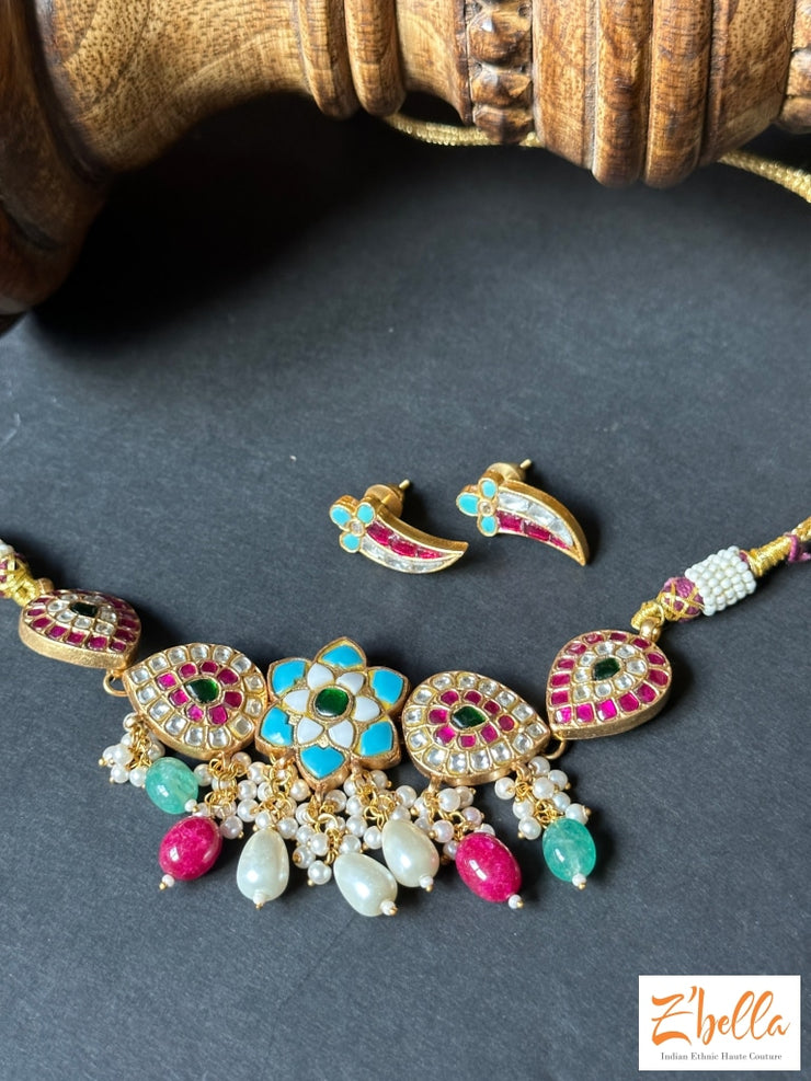 Multi Color Kemp And Pachi Kundan Necklace With Earring Necklace