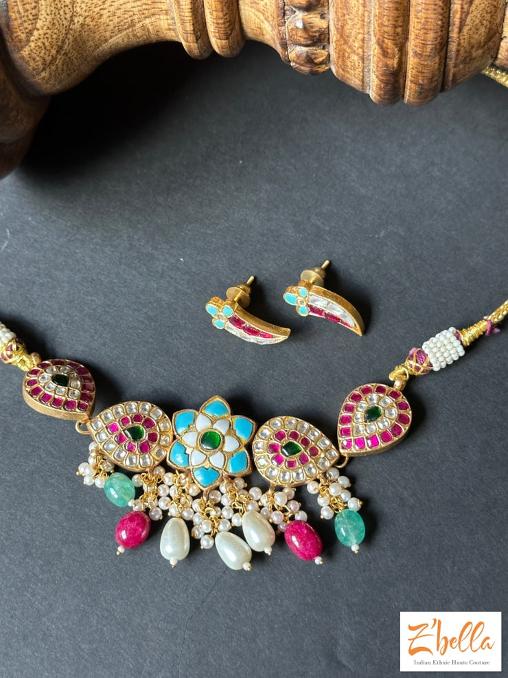 Multi Color Kemp And Pachi Kundan Necklace With Earring Necklace