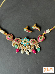 Multi Color Kemp And Pachi Kundan Necklace With Earring Necklace