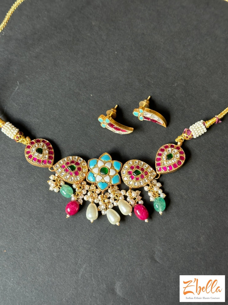 Multi Color Kemp And Pachi Kundan Necklace With Earring Necklace