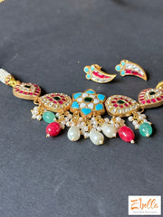 Multi Color Kemp And Pachi Kundan Necklace With Earring Necklace