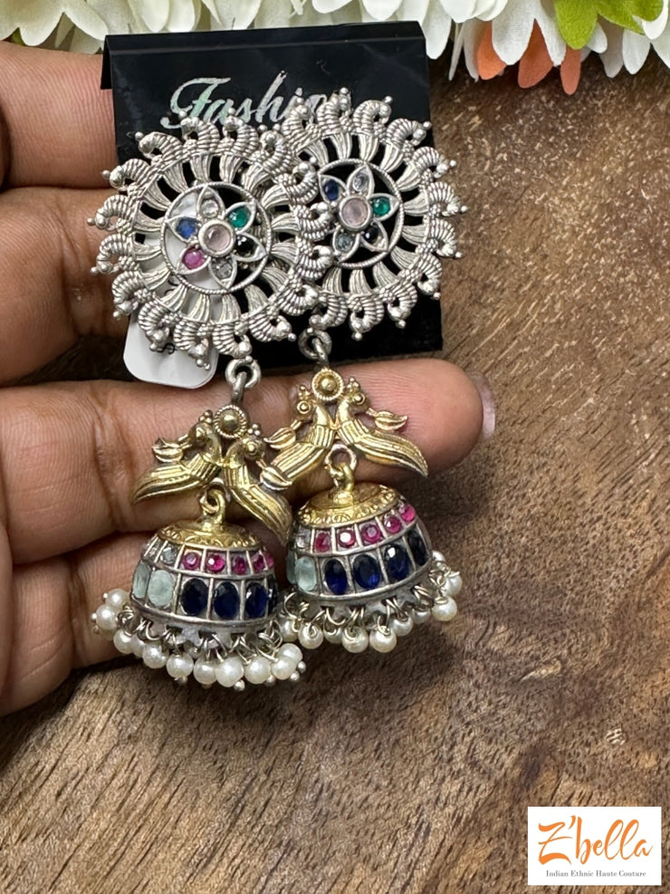 Multi Stone Jhumka Earrings Silver Tone