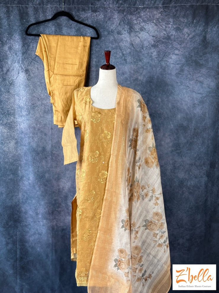 Mustard Yellow Chanderi Silk Kurti With Buttom Abd Dupatta Kurti