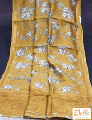 Mustard Yellow Floral Printed Chanderi Cotton Silk Saree With Bp Saree