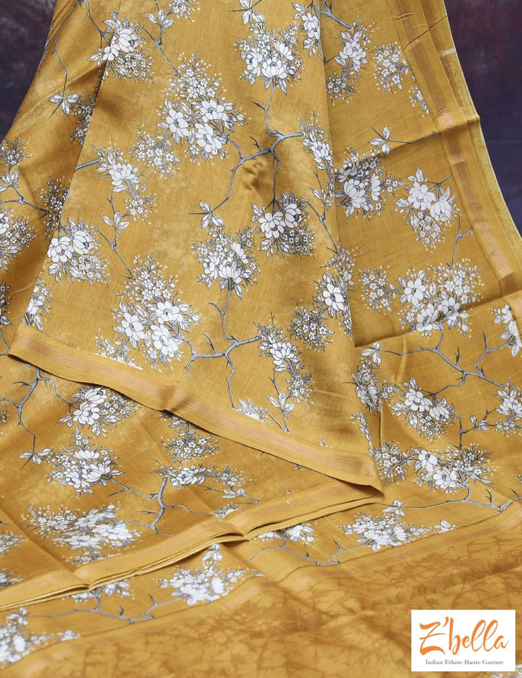 Mustard Yellow Floral Printed Chanderi Cotton Silk Saree With Bp Saree