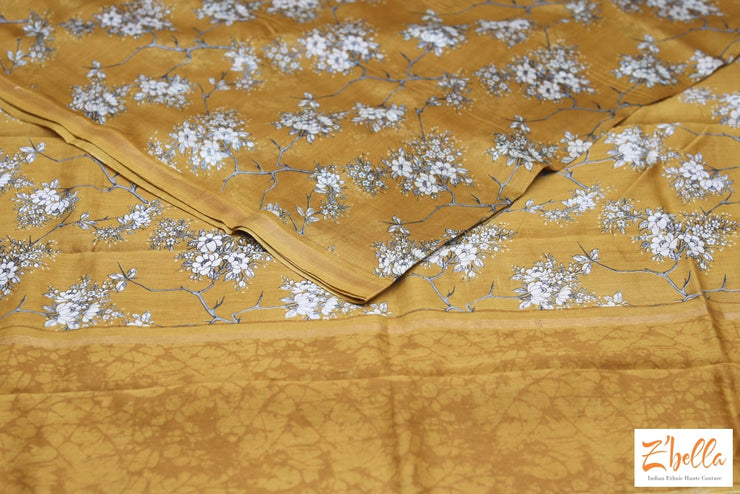 Mustard Yellow Floral Printed Chanderi Cotton Silk Saree With Bp Saree