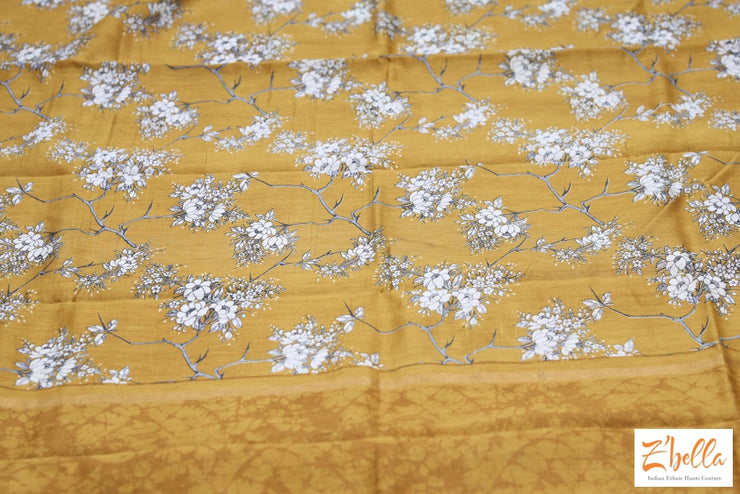 Mustard Yellow Floral Printed Chanderi Cotton Silk Saree With Bp Saree