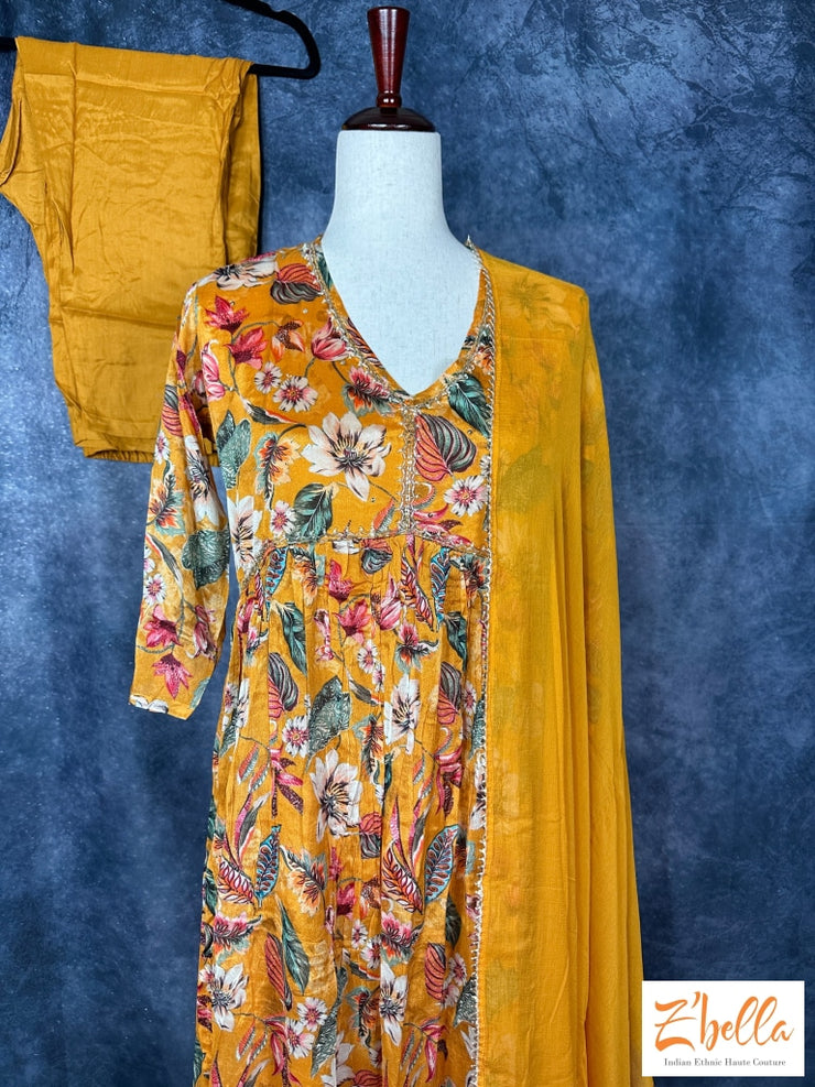 Mustard Yellow Floral Printed Chiffon Kurti With Bottom And Dupatta Kurti Set