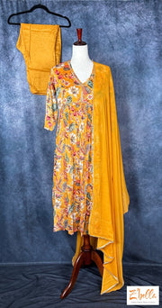 Mustard Yellow Floral Printed Chiffon Kurti With Bottom And Dupatta Kurti Set