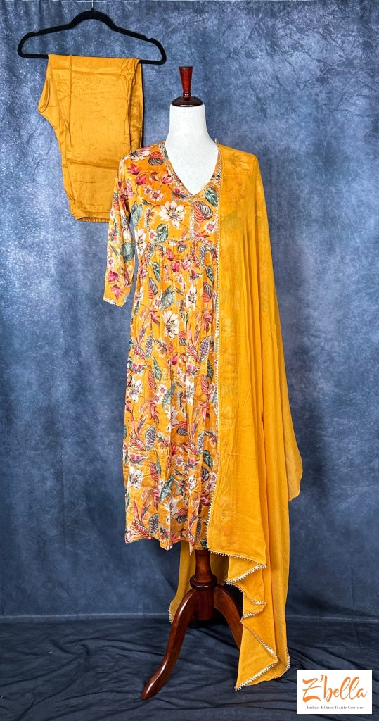 Mustard Yellow Floral Printed Chiffon Kurti With Bottom And Dupatta Kurti Set