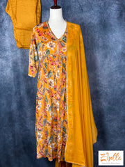Mustard Yellow Floral Printed Chiffon Kurti With Bottom And Dupatta Kurti Set